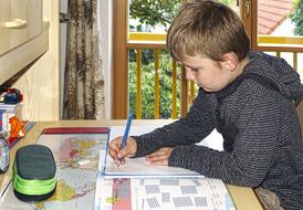 Profile portrait of the sitting boy, doing homework at the desk