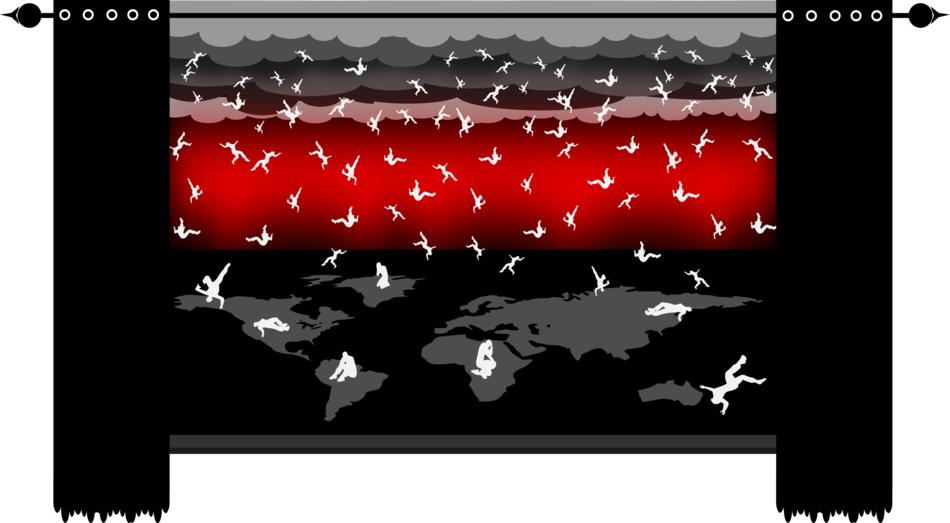 illusion, rain of white people against the background of the red sky, view from the window