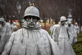 Statues of the soldiers in helmets. with colorful birds, among the colorful plants