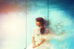 Colorful painting with the cute girl, with the dust, at background with the clouds, clipart