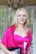 Girl Blonde in Pink Long dress