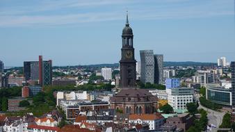 city panorama and michaelis church in hamburg