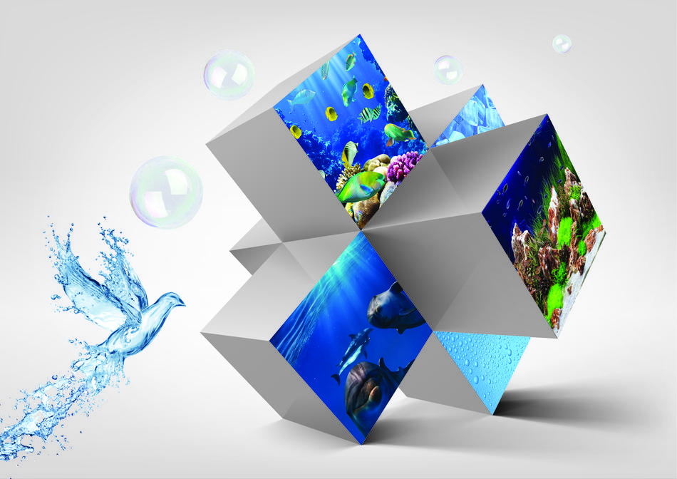 Colorful cubic construction with water views, clipart