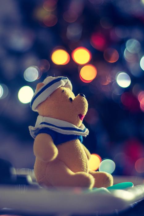 teddy bear on the background of christmas lights