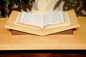 Open book on the wooden stand, in light