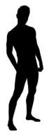 Black silhouette of the posing slim man, at white background, clipart