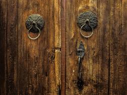 antique wooden door with brass handles