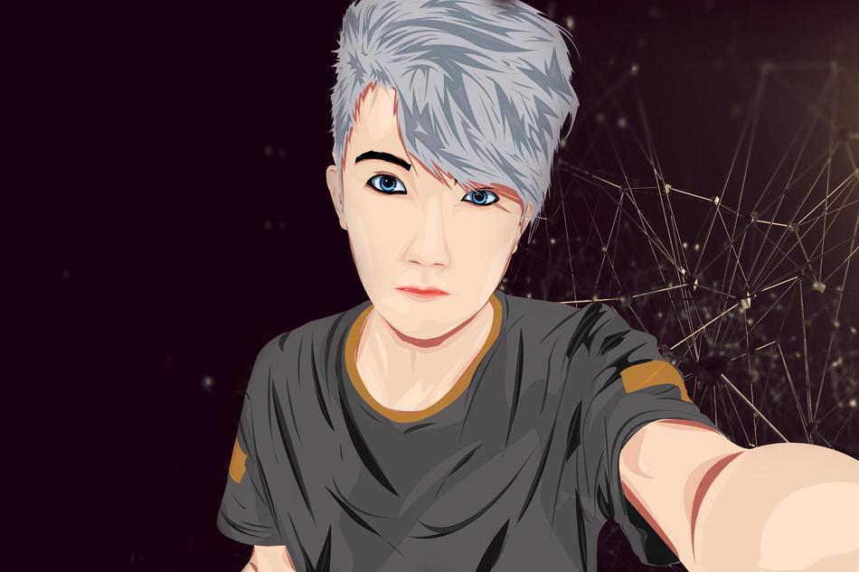 cartoon anime boy on cobweb background