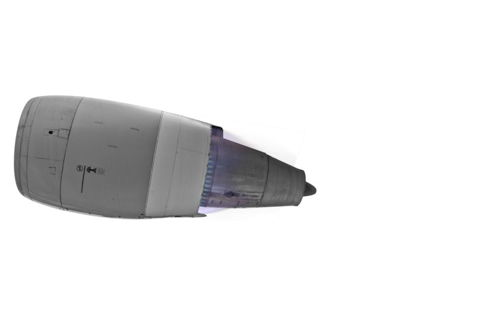 Close-up of the grey jet engine equipment, at white background