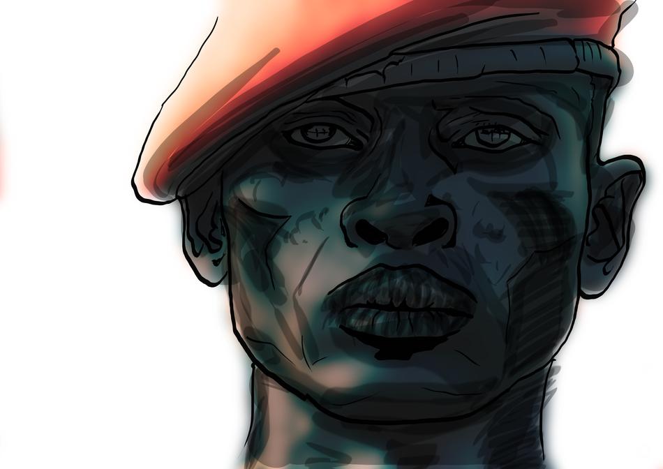 sketch, African soldier in red beret