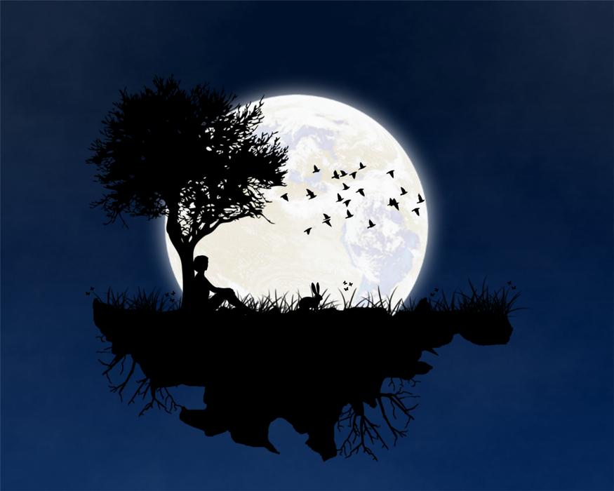 moon island tree birds rabbit