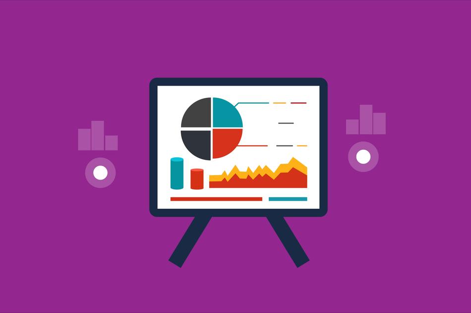 presentation, board with charts at purple background