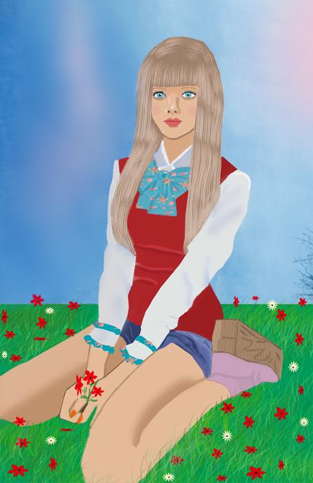 young woman wildflowers grass