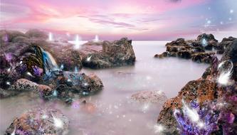 stone cliffs in the ocean with colored lights