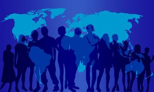 Blue clipart with silhouettes of the people of different shades, at background with the ma, clipart