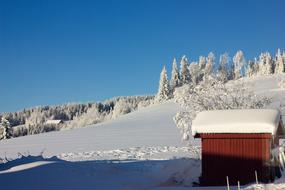 a wooden house in the snowy mountains