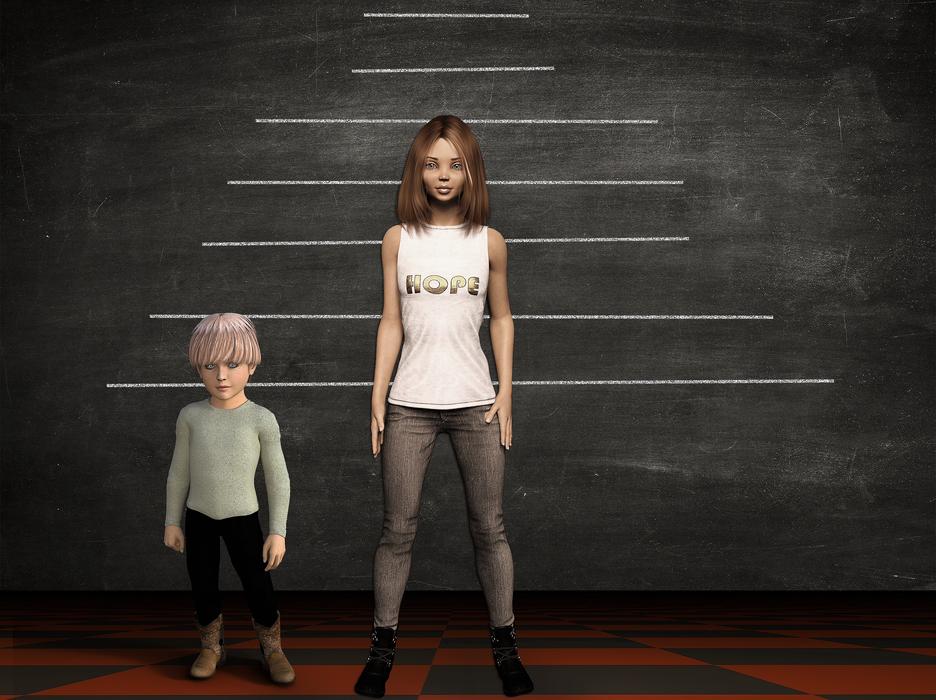 Brother and sister measuring height, near the blackboard with marks, clipart