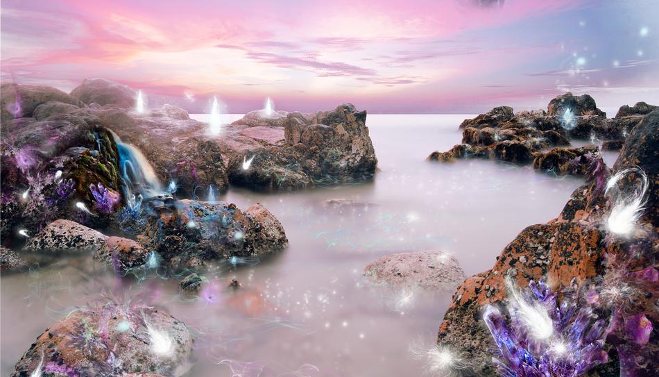 stone cliffs in the ocean with colored lights