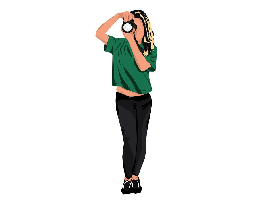 silhouette of a girl in a green t-shirt with a camera