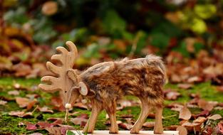 wooden moose on dry grass