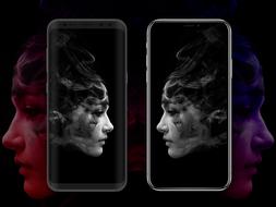 Iphone X and Samsung Galaxy S8, with the black and white profile portraits portraits of the girl, at background with the colorful profile portraits, clipart