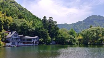 Building by the Lake and Mountain