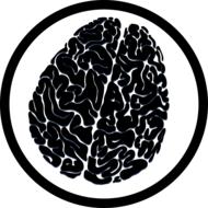 Black and white, round icon with the brain, at white background, clipart
