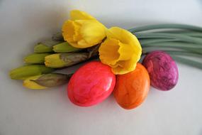 colored eggs with tulips