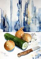 Watercolor drawing of a cucumber and an onion
