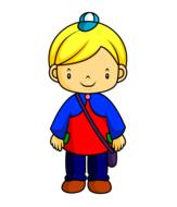 Colorful painting of the smiling, blonde child, at white background, clipart