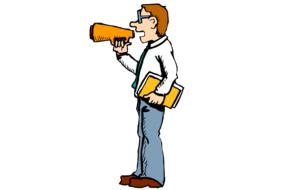 Colorful drawing of the man with glasses, speaking with megaphone, at white background, clipart