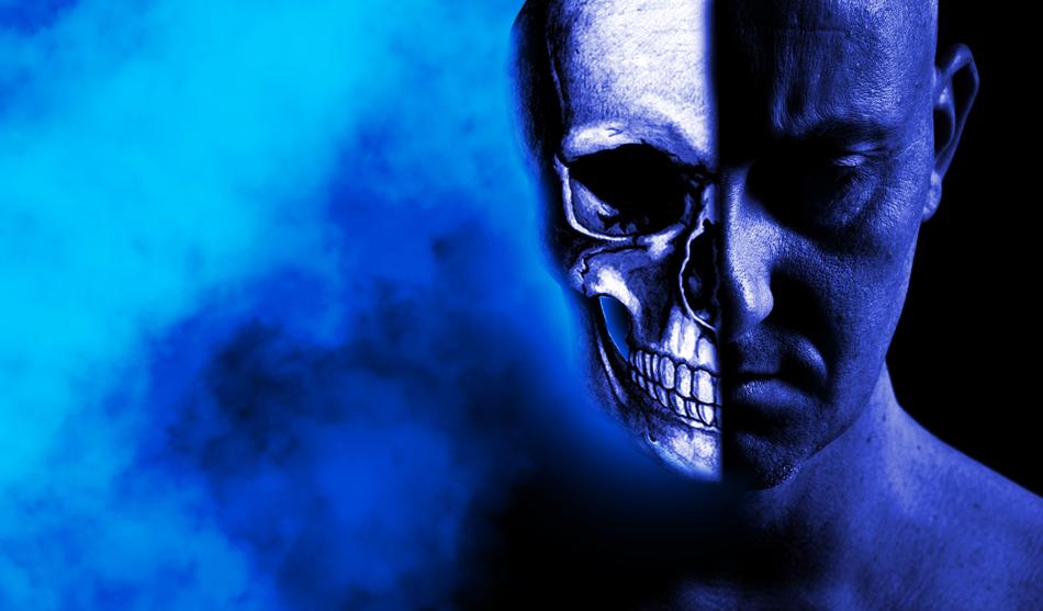 Blue portrait of the man, with view of the skull, with cancer, at black background, clipart