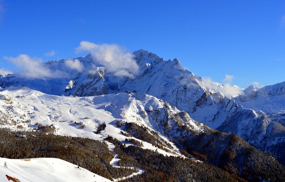 snowy mountains with sky and clouds
