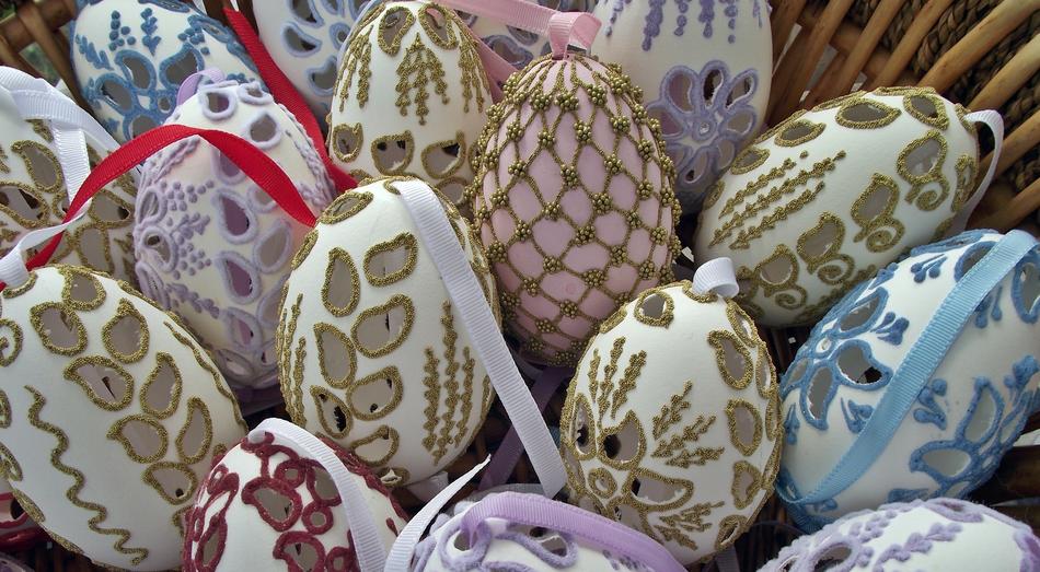 Close-up of the beautiful and colorful Easter eggs with patterns and ribbons