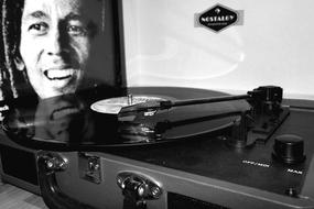 vinyl player and photo Bob Marley black and white