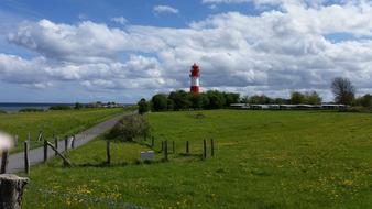 lighthouse in the trees with a field