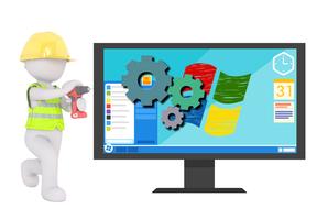3D model of a person near a monitor with a microsoft symbol