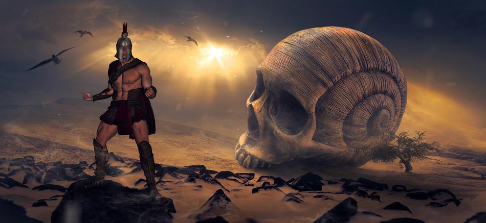 a knight in front of an unusual skull