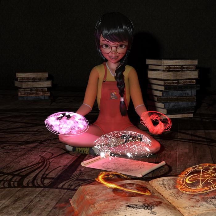 Witch girl with colorful stuff and books, among the darkness, clipart