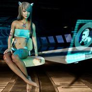 girl with painted body looks at hologram, manga character, render