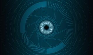 Turquoise security eye, with the patterns, at black background, clipart