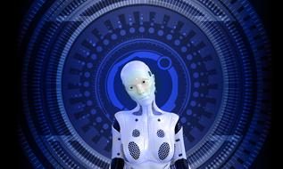 Model of a robot, at background with the blue pattern and globe, clipart