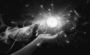 Black and white photo with the shining clock, above the hand, among the smoke, clipart
