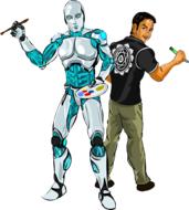 Clipart of the robot with brush and colorful paint and the man with a pan, at white background