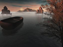 lake boat fog morning water