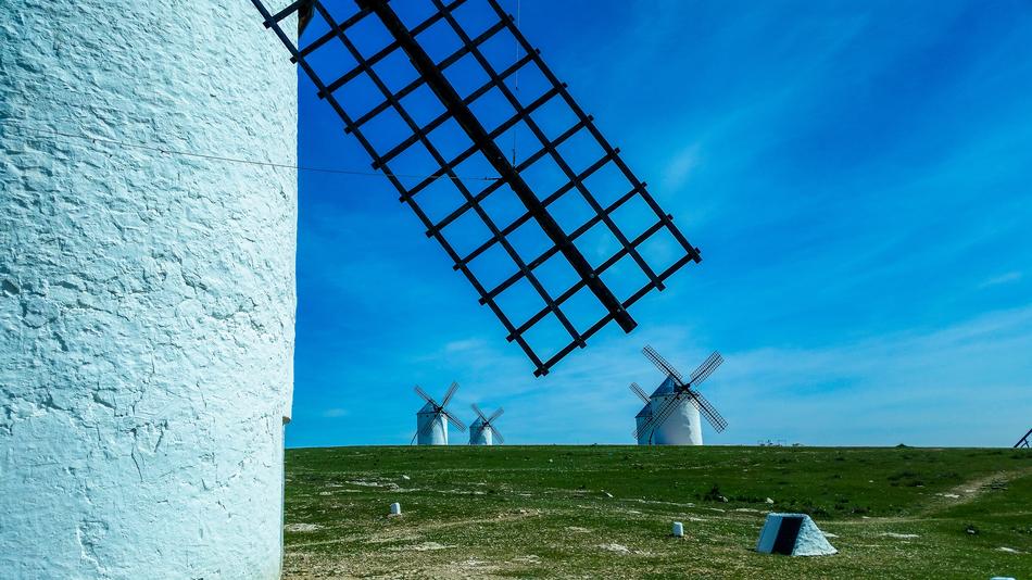traditional windmills in countryside, spain, campo de criptana
