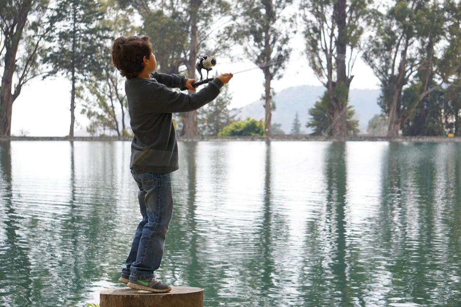 Child fishing in the lake, among the trees and other plants