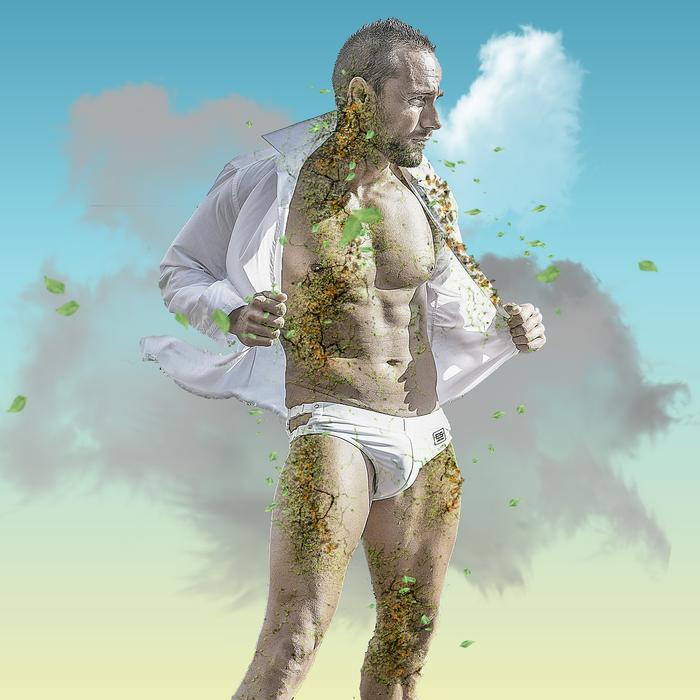 Man in underwear. in colorful shapes, at colorful background, clipart