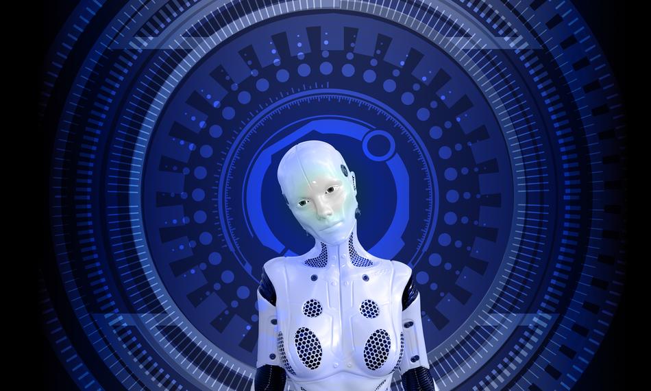 Model of a robot, at background with the blue pattern and globe, clipart