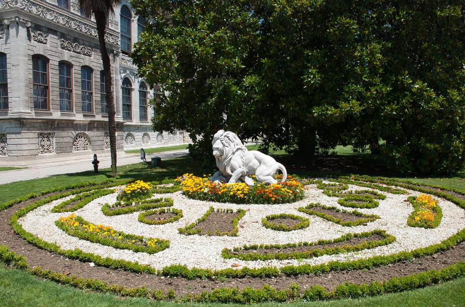 stone lion in the flower garden